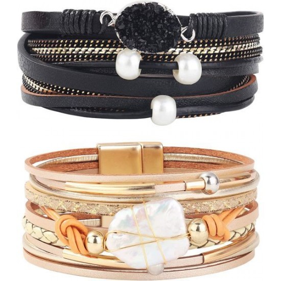 Womens Leather Wrap Bracelet Baroque Pearl Cuff Multi Layer Druzy Stone Wrap Gorgeous Gold Tube Bangle Handmade Wristbands Jewelry With Magnet Clasp Womens Leather Wrap Bracelet Baroque Pearl Cuff Multi Layer Druzy Stone Wrap Gorgeous Gold Tube Bangle Handmade Wristbands Jewelry With Magnet Clasp